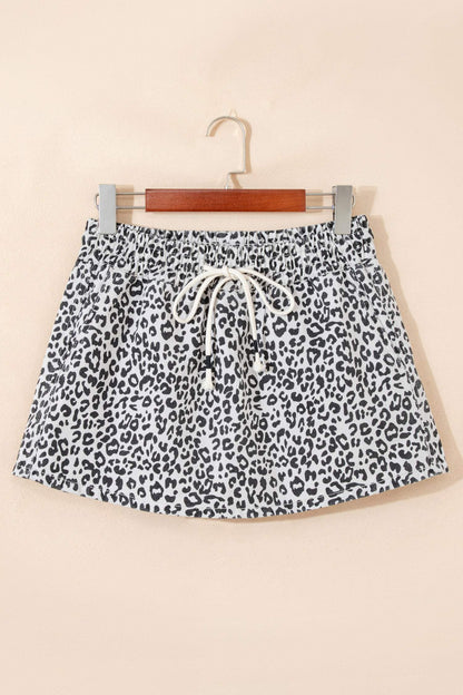 Khaki Leopard Print Tassel Drawstring Casual Denim Skort