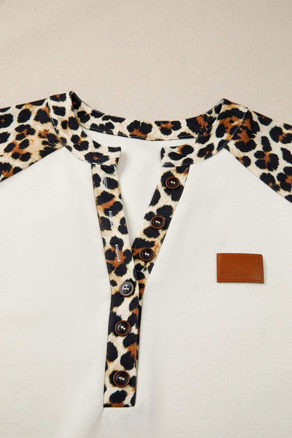 Beige Leopard Patchwork Half Button Short Sleeve Top - Sweet Fashion Wholesale