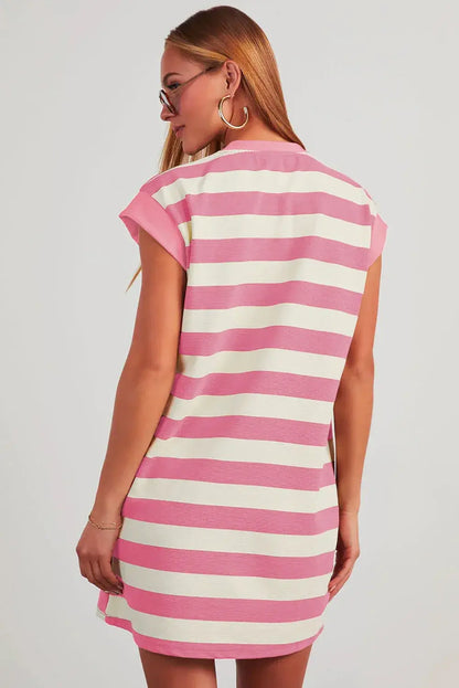 Black Stripe Cap Sleeve Shift T Shirt Dress - Sweet Fashion Wholesale