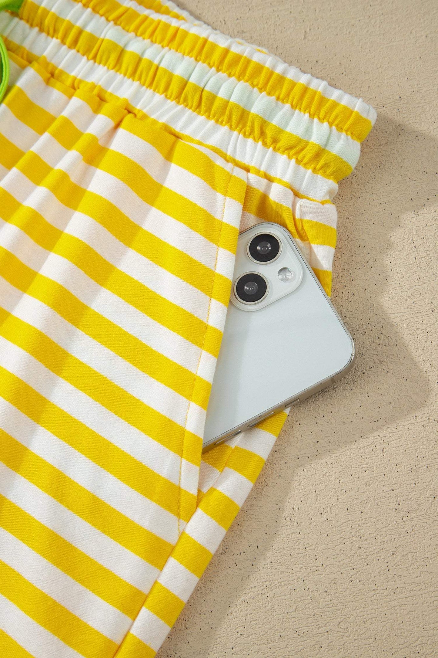 Yellow Stripe Contrast Neck Loose Tee and Drawstring Shorts Set