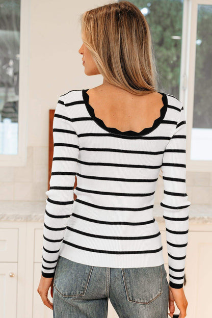 Bright Green Scalloped Trim U Neck Striped Ribbed Slim Sweater