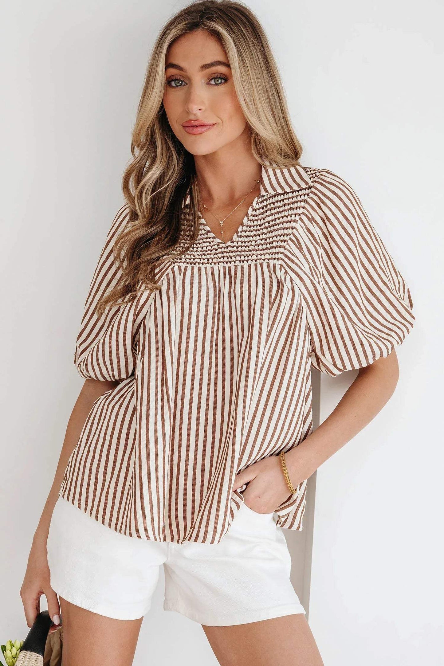 Brown Stripe Shirred V Neck Short Puff Sleeve Blouse - Sweet Fashion Wholesale