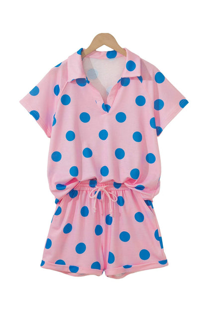 Green Polka Dot Print V Neck Tee Short Set
