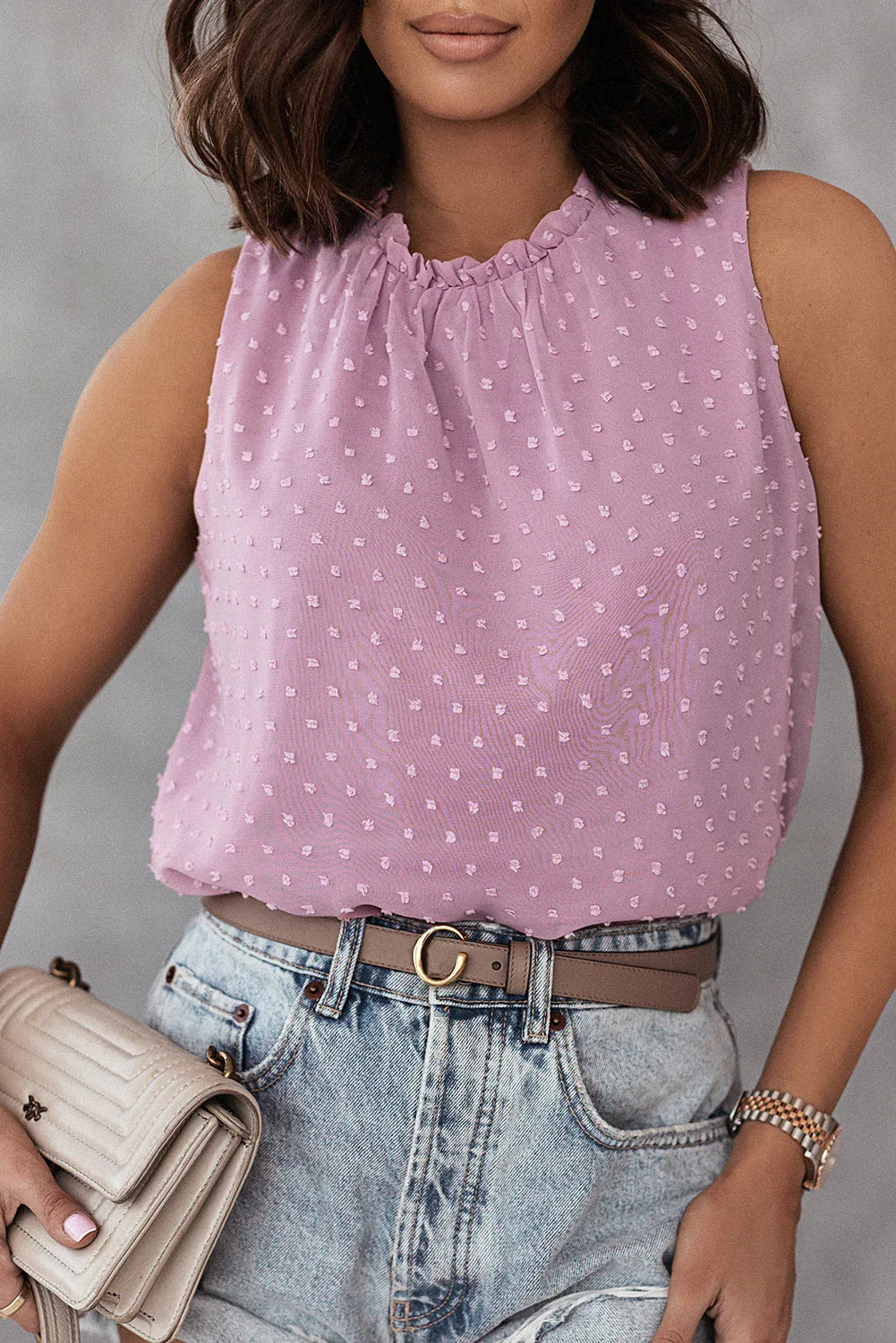 Pink Swiss Dot Sleeveless Ruffle Tank - Sweet Fashion Wholesale
