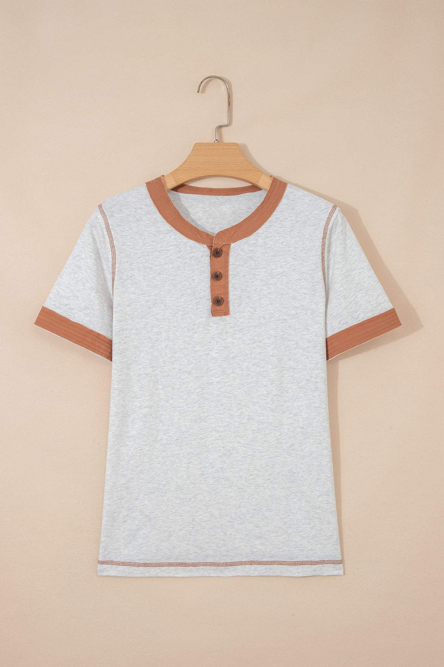 Light Grey Raw Seam Color Block Detail Buttoned Henley Tee