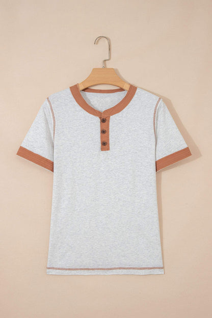 Light Grey Raw Seam Color Block Detail Buttoned Henley Tee