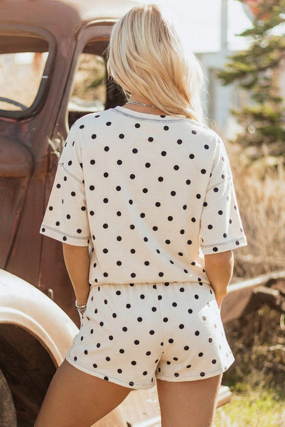 Yellow Exposed Seam Detail Polka Dot Loose Tee Drawstring Shorts Set