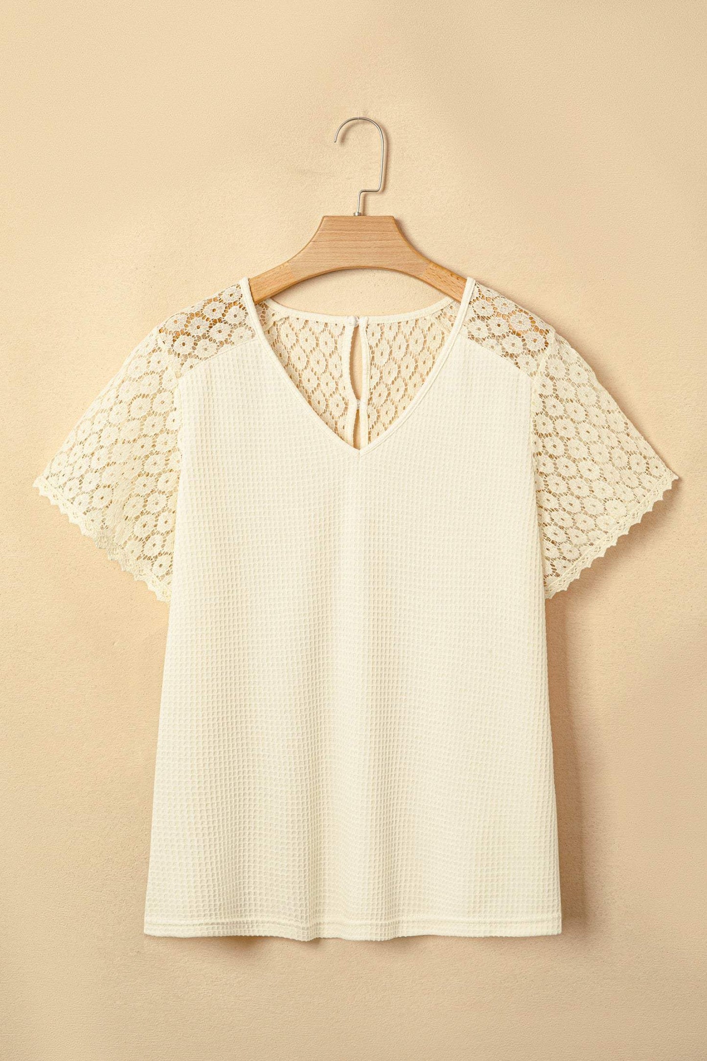 Beige Lace Splicing Button Cutout V Neck Waffle Knit Blouse