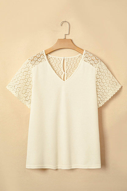 Beige Lace Splicing Button Cutout V Neck Waffle Knit Blouse