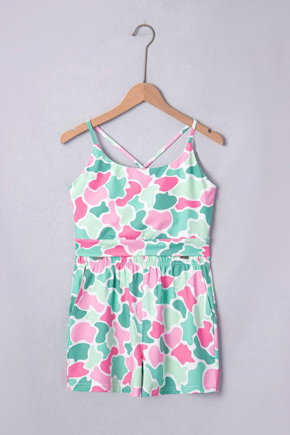 Green Camouflage Printed Cropped Tank Athleisure 2pcs Short Set