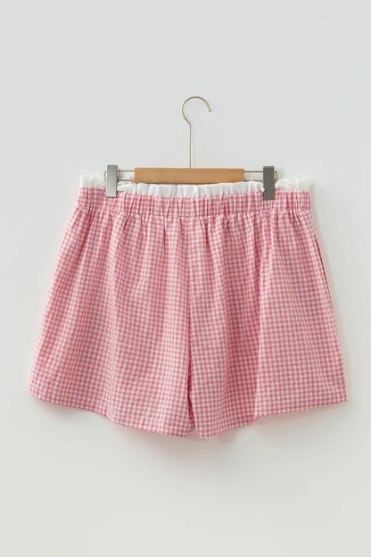 Red Contrast Trim Plaid Print Plus Size Shorts - Sweet Fashion Wholesale