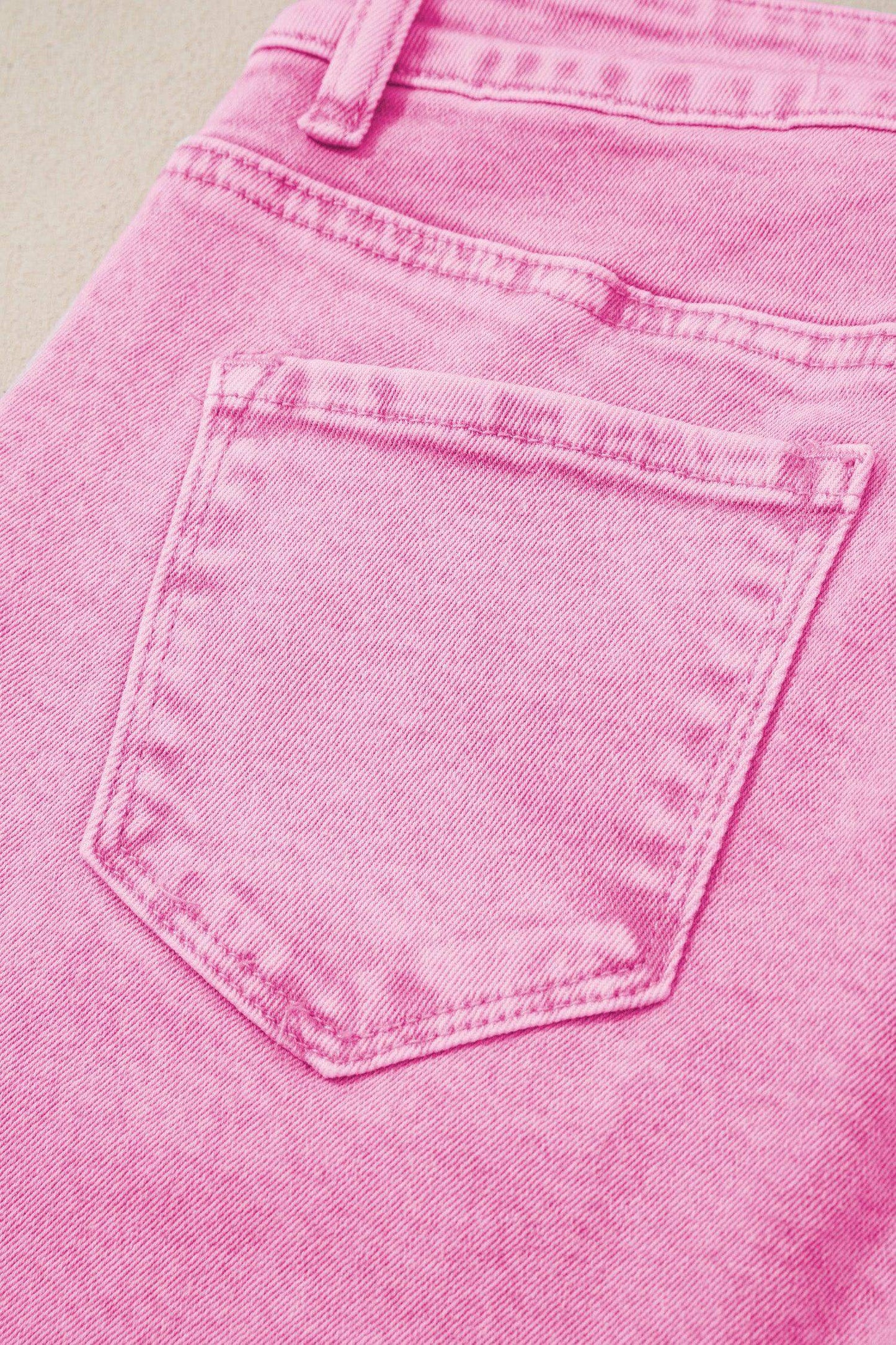 Pink Acid Wash High Waist Uneven Raw Hem Shift Jeans - Sweet Fashion Wholesale