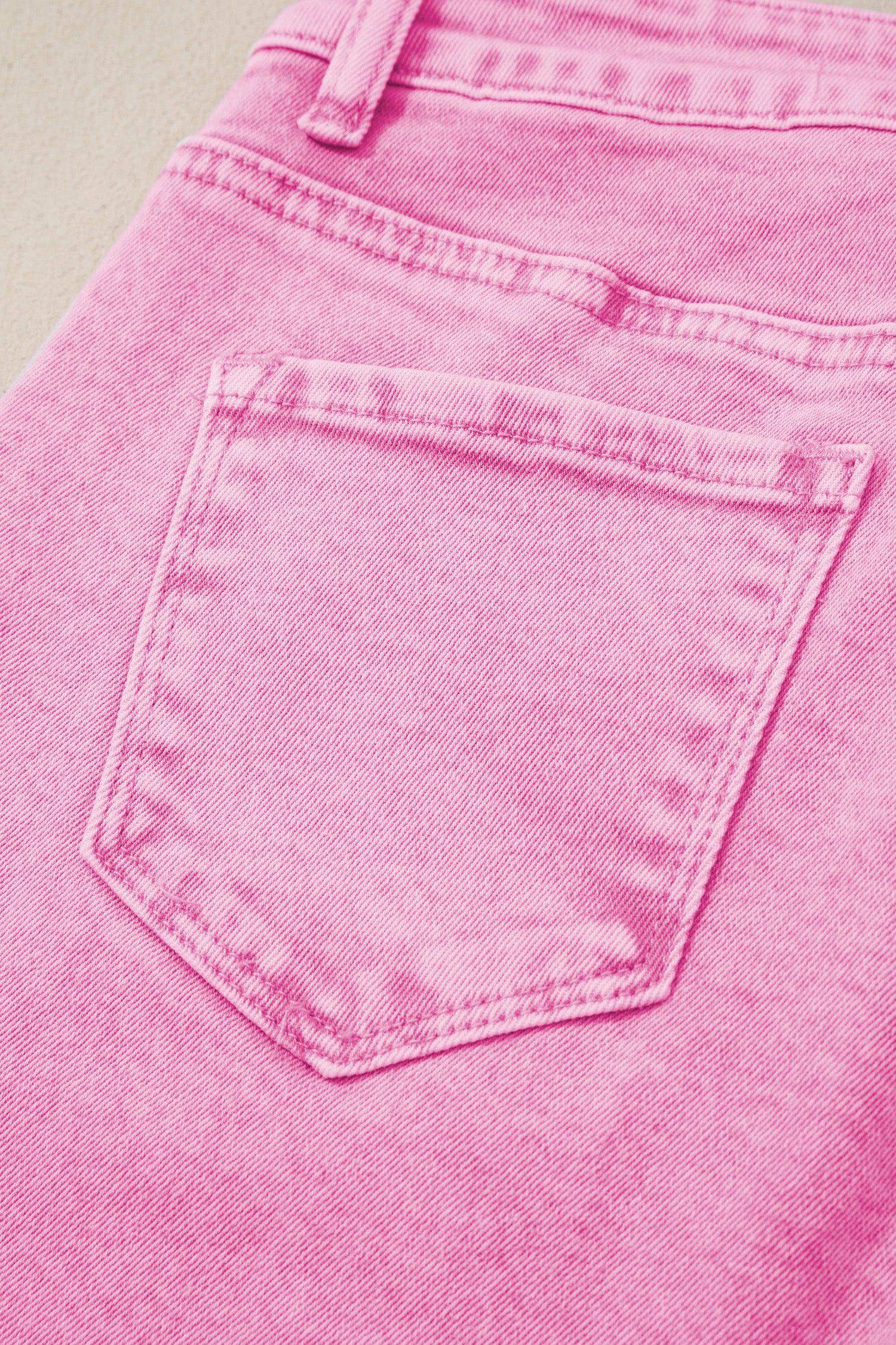 Pink Acid Wash High Waist Uneven Raw Hem Shift Jeans - Sweet Fashion Wholesale