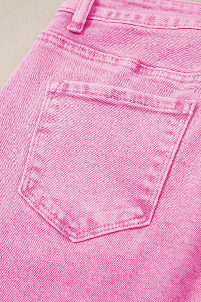 Pink Acid Wash High Waist Uneven Raw Hem Shift Jeans - Sweet Fashion Wholesale