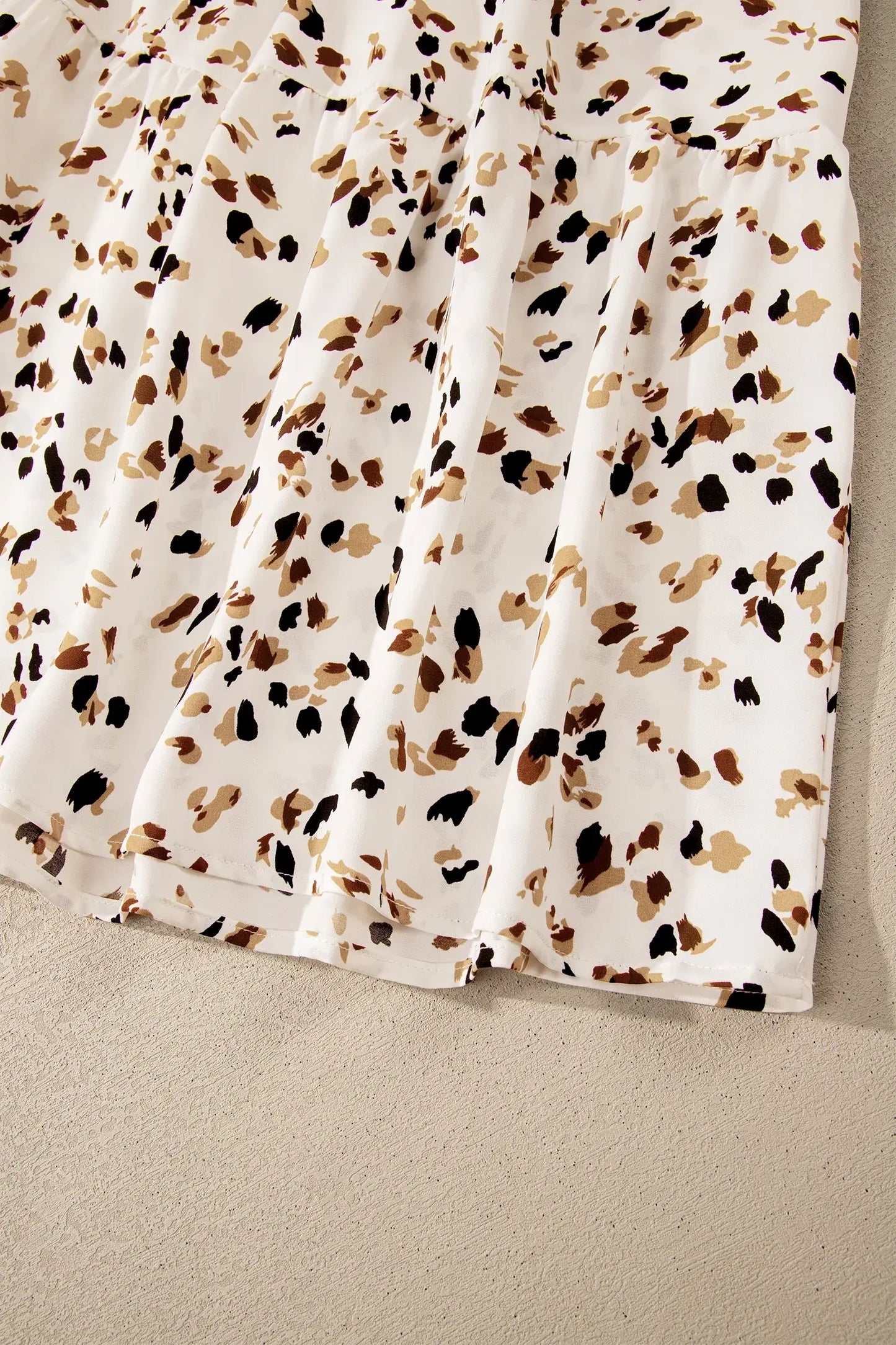 Beige Ditsy Floral Print Smocked Square Neck Ruffle Short Sleeve Dress - Sweet Fashion Wholesale