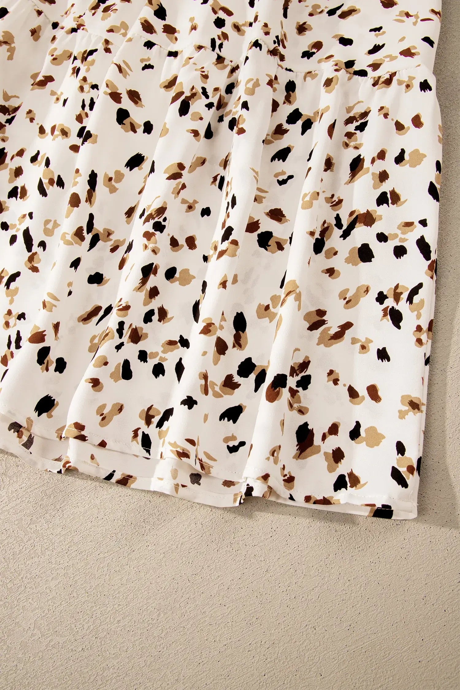 Beige Ditsy Floral Print Smocked Square Neck Ruffle Short Sleeve Dress - Sweet Fashion Wholesale