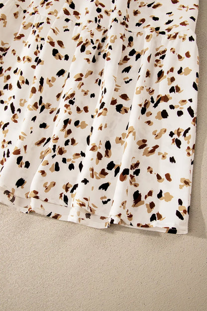 Beige Ditsy Floral Print Smocked Square Neck Ruffle Short Sleeve Dress - Sweet Fashion Wholesale
