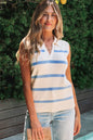 Sky Blue Stripe Split V Neck Collared Ribbed Sweater Vest