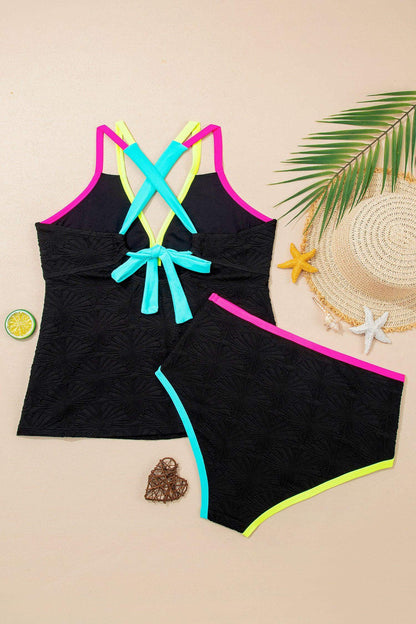 Black Floral Textured Neon Trim V Neck Crisscross Backless Tankini Set - Sweet Fashion Wholesale