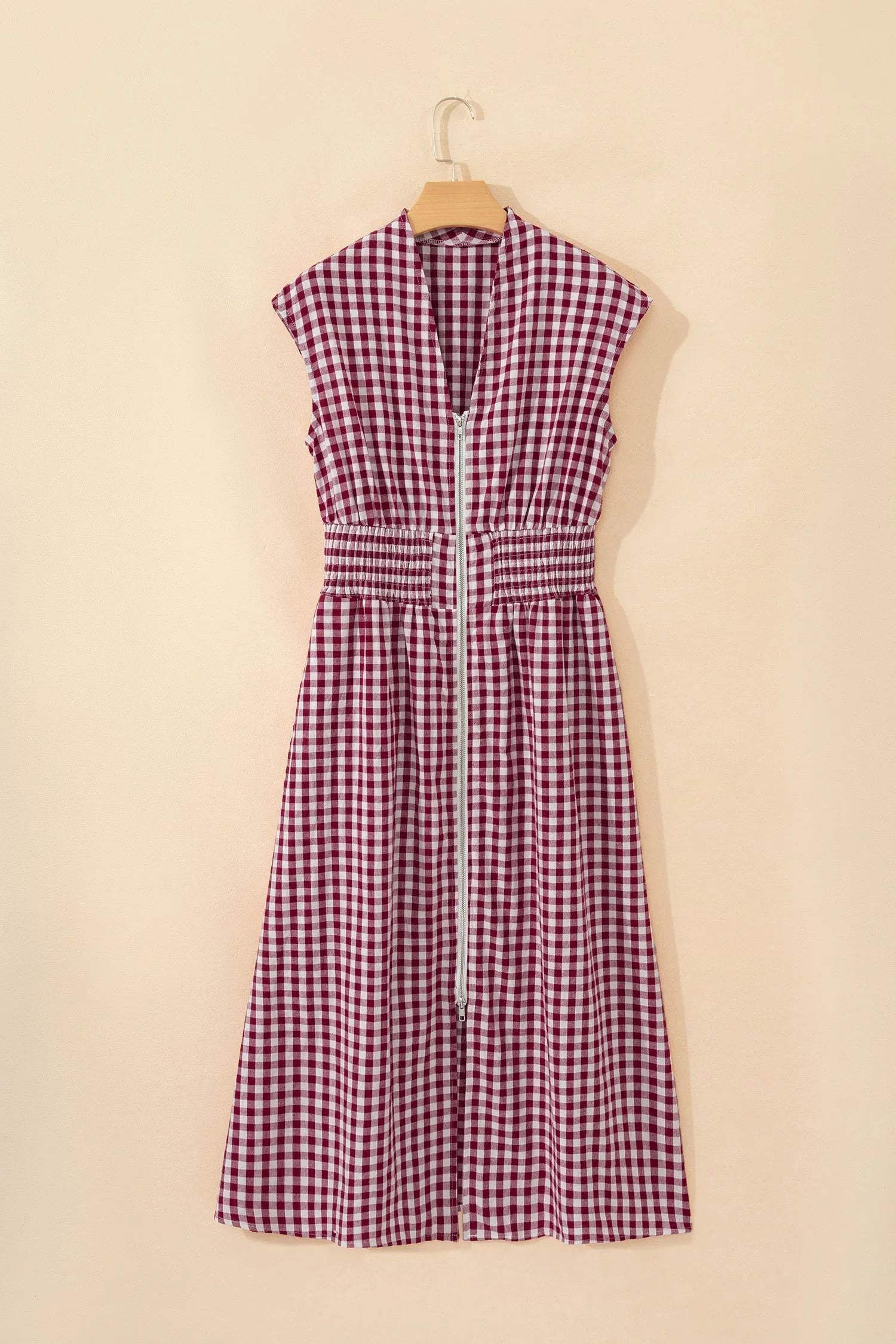 Red Plaid Print Full Zipper Cinched Waist Fit Flare Sleeveless Maxi Dress - Sweet Fashion Wholesale
