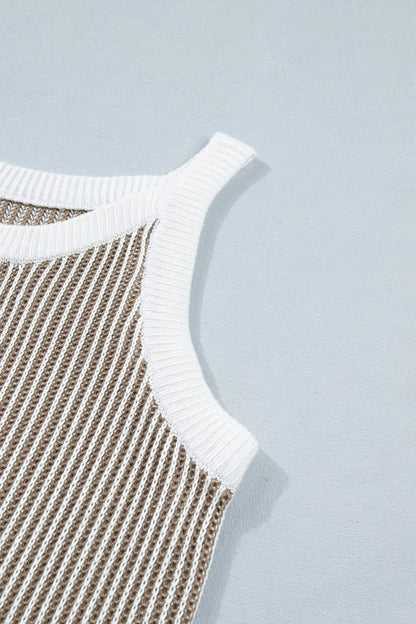Pale Khaki Contrast Trim Ribbed Knit Sweater Tank Top