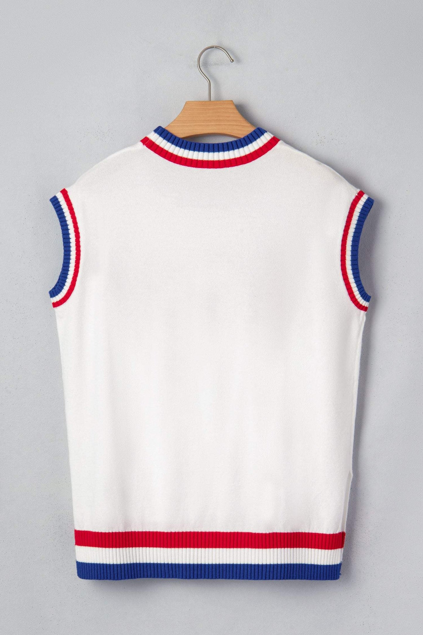 White USA Contrast Striped Trim Round Neck Short Sleeve Sweater