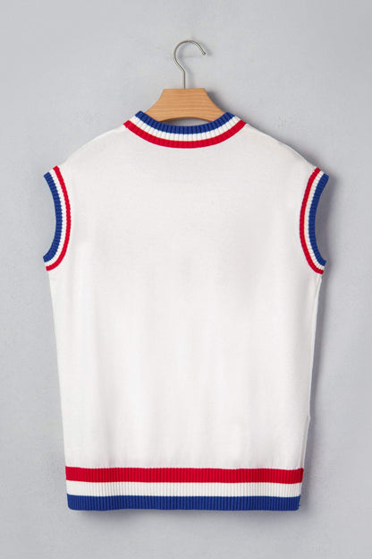 White USA Contrast Striped Trim Round Neck Short Sleeve Sweater