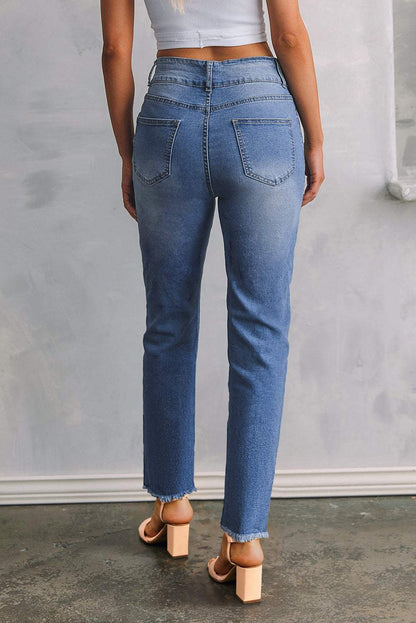 Sky Blue Double Button Raw Hem Slim Fit Jeans