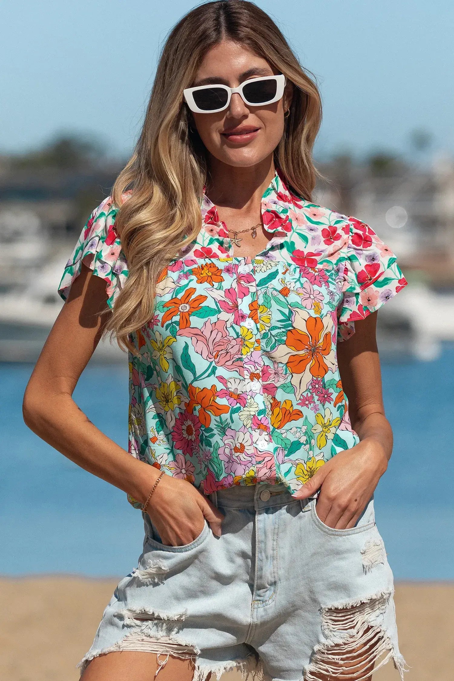 Sky Blue Floral Print Split Neck Button Front Flutter Sleeve Blouse - Sweet Fashion Wholesale