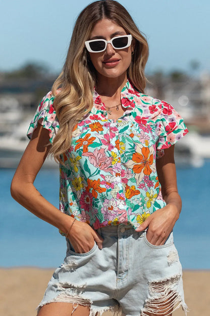 Sky Blue Floral Print Split Neck Button Front Flutter Sleeve Blouse - Sweet Fashion Wholesale