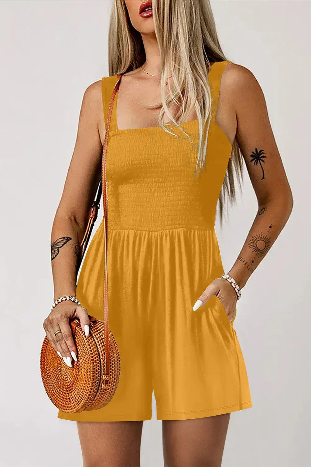 Ginger Casual Pocketed Smocked Sleeveless Romper - Sweet Fashion Wholesale