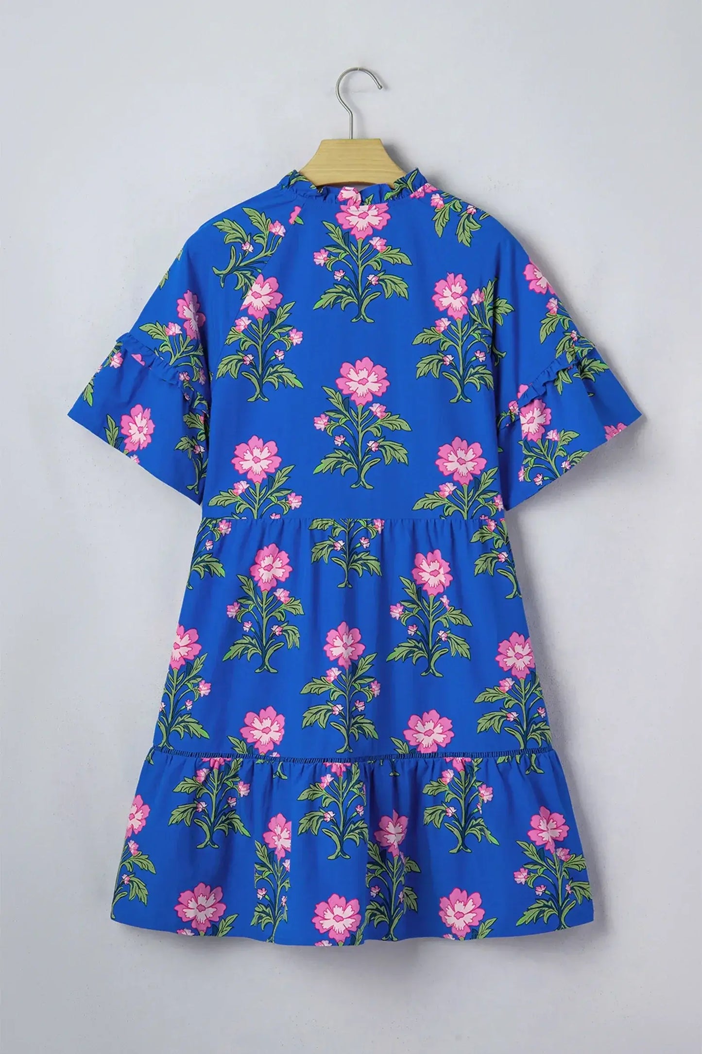 Blue V Neck Short Sleeve Loose Flower Dress - Sweet Fashion Wholesale