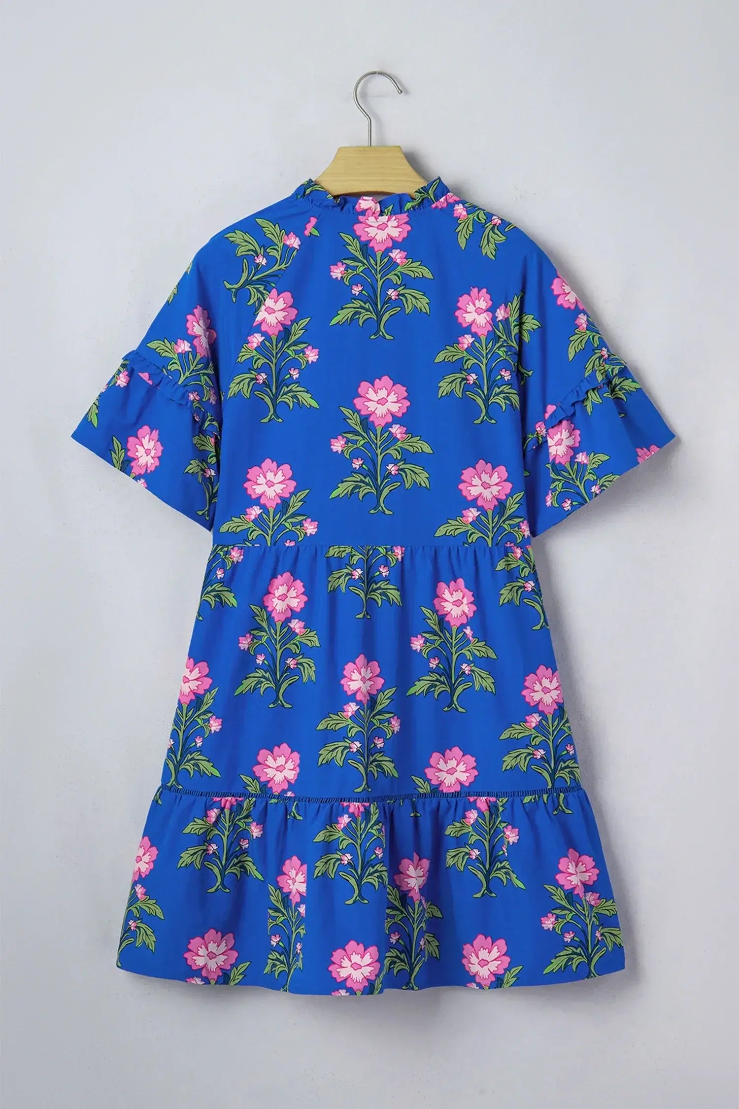 Blue V Neck Short Sleeve Loose Flower Dress - Sweet Fashion Wholesale