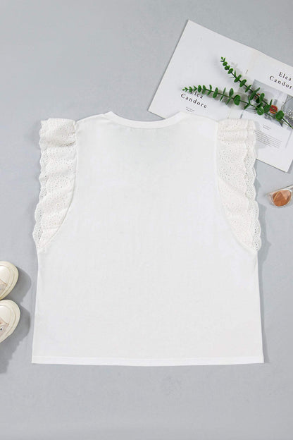 White Eyelet Crochet Splicing Short Sleeve Plus Size Tee