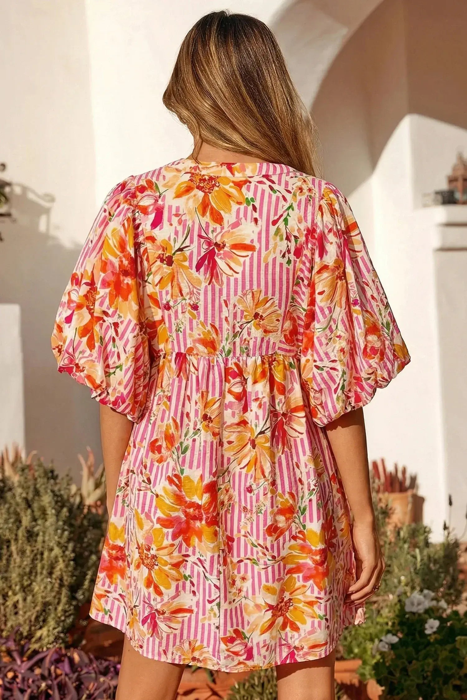 Pink Striped Floral Print Tie Neck Puff Sleeve Loose Mini Dress - Sweet Fashion Wholesale