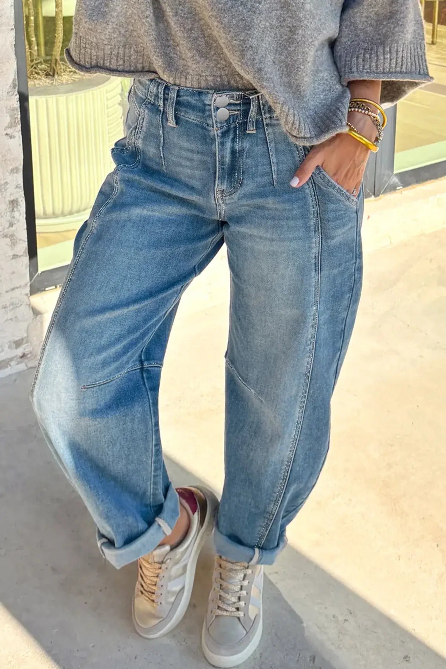Sky Blue Medium Wash Cuffed Barrel Jeans - Sweet Fashion Wholesale
