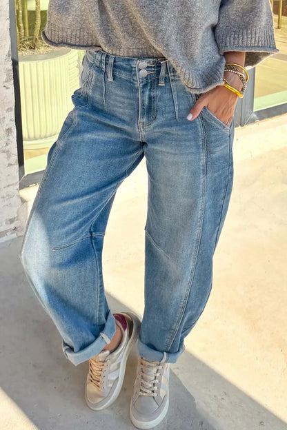 Sky Blue Medium Wash Cuffed Barrel Jeans - Sweet Fashion Wholesale