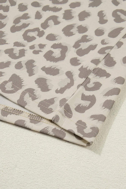 Khaki V Neck Collar Leopard Printed 2pcs Short Set