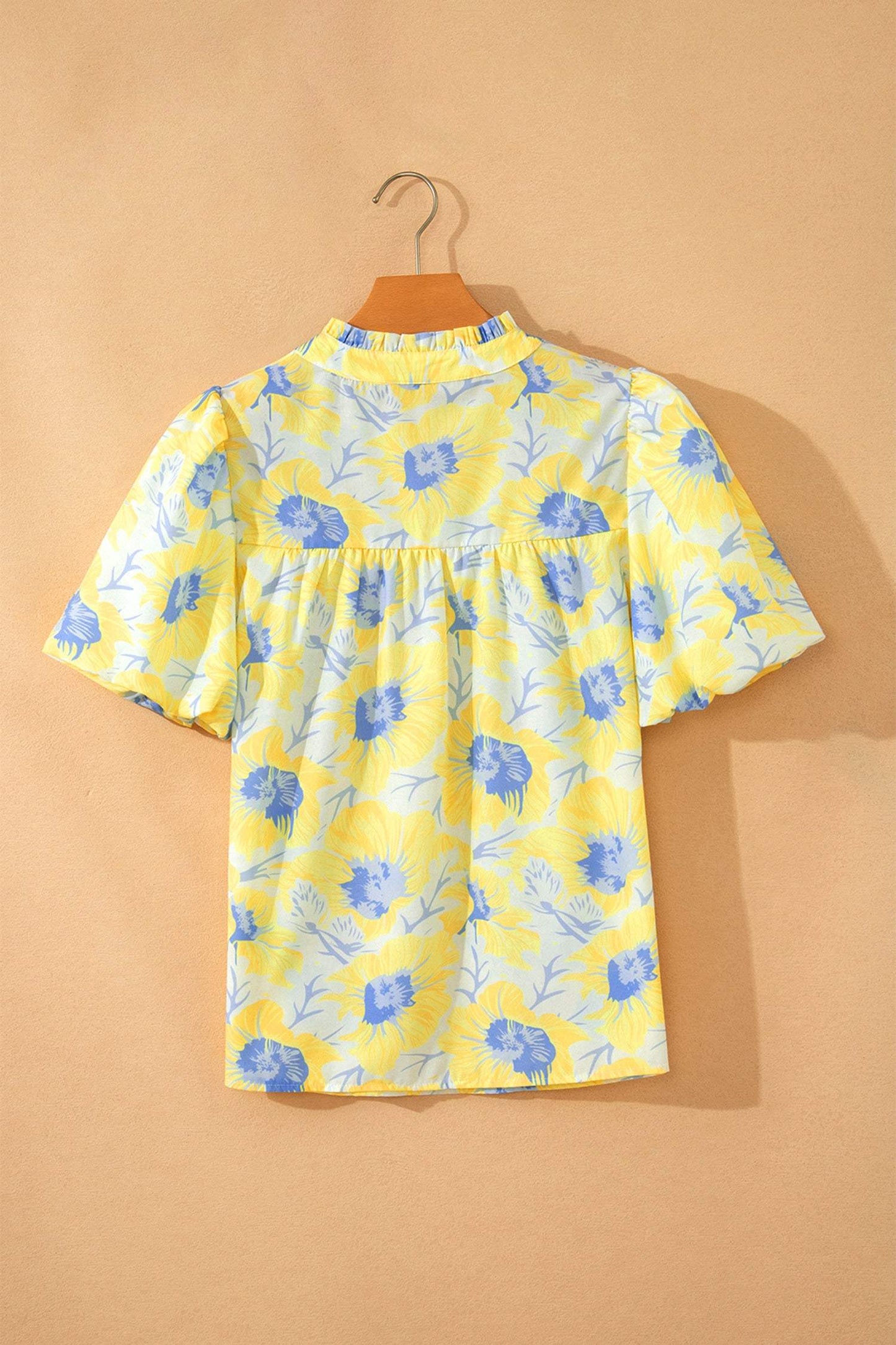 Yellow Short Bubble Sleeve Summer Floral Blouse