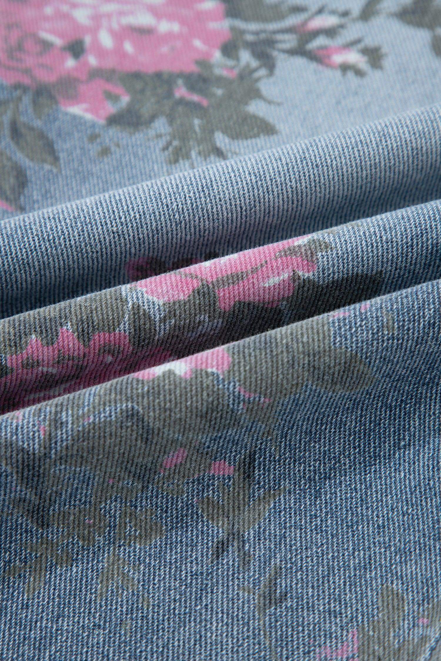 Beau Blue Floral Print Elastic Waist Pull On Casual Jeans - Sweet Fashion Wholesale