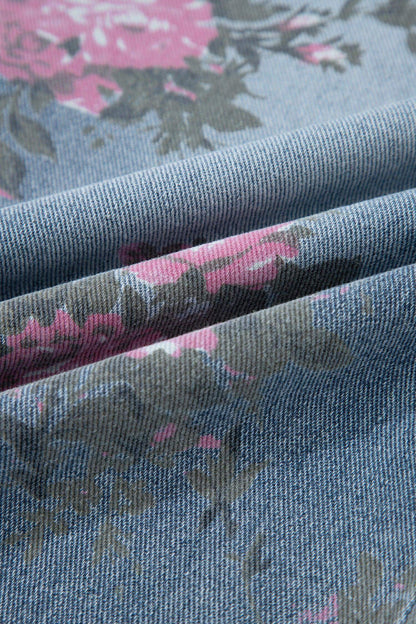 Beau Blue Floral Print Elastic Waist Pull On Casual Jeans - Sweet Fashion Wholesale