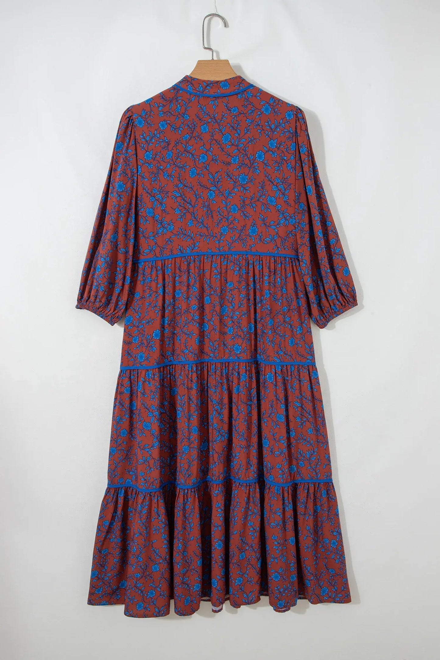 Brown 3/4 Puff Sleeve Tiered Loose Floral Dress - Sweet Fashion Wholesale