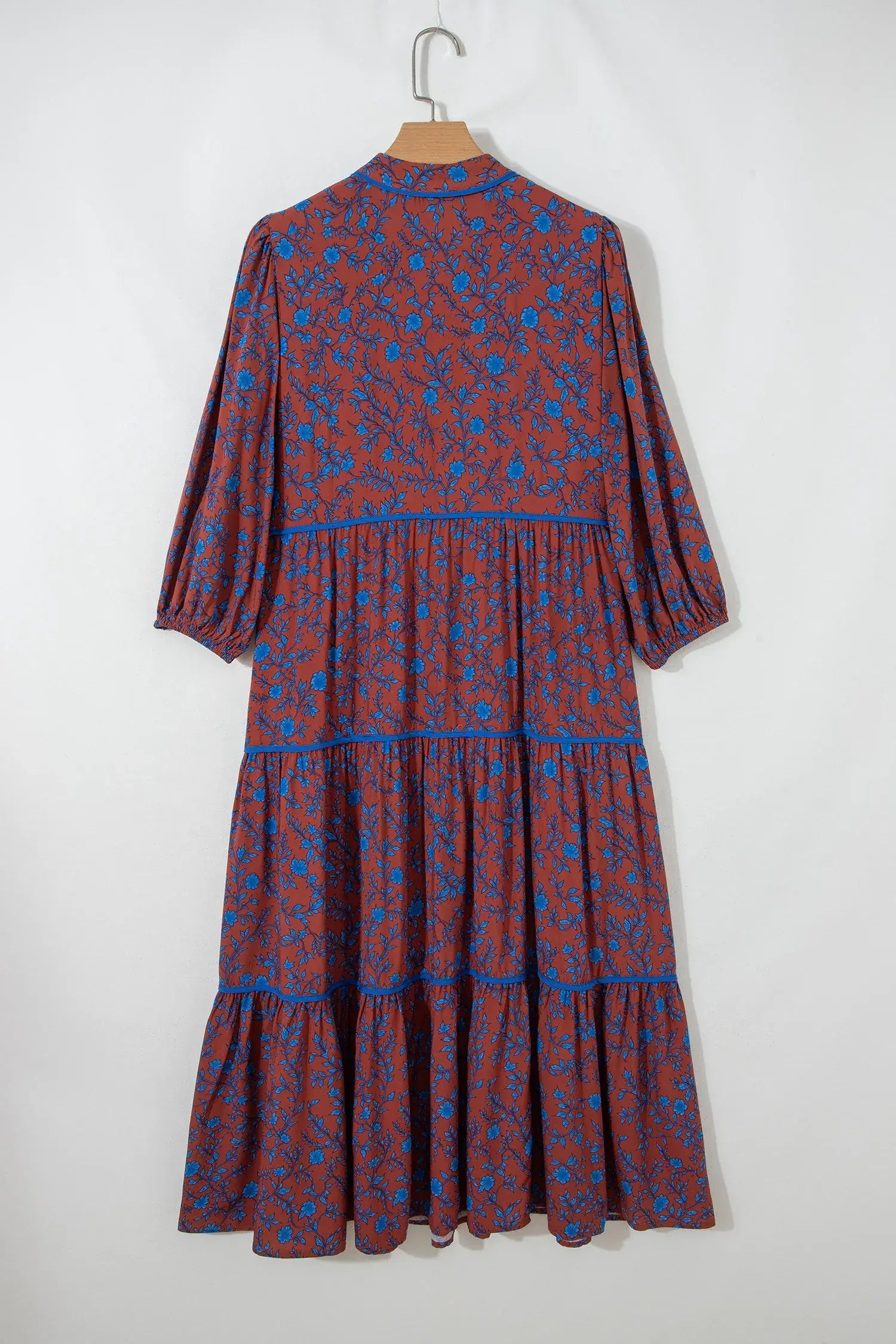 Brown 3/4 Puff Sleeve Tiered Loose Floral Dress - Sweet Fashion Wholesale