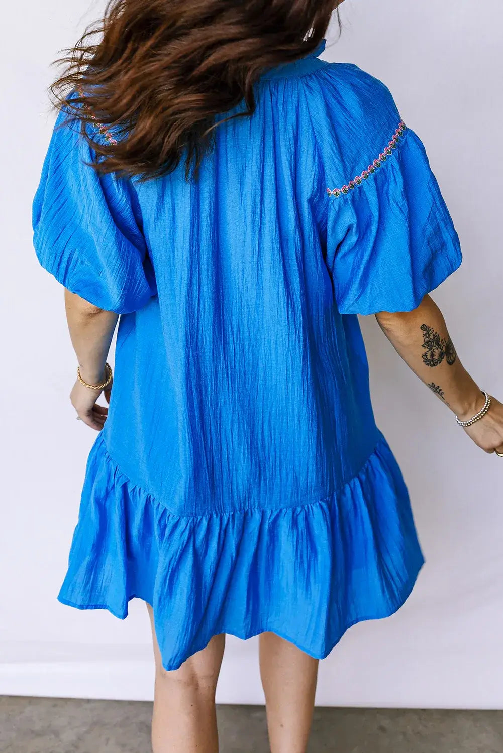 Blue Flower Embroidered Split Neck Short Puff Sleeve Ruffle Hem Dress