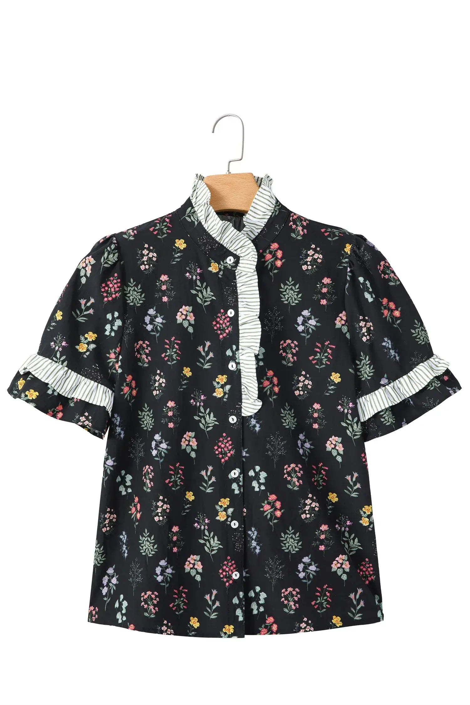 Black Contrast Frilled Trim Short Sleeve Floral Shirt - Sweet Fashion Wholesale