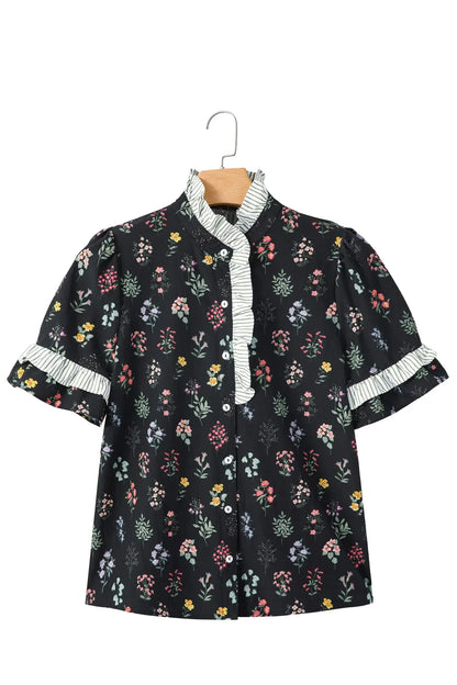 Black Contrast Frilled Trim Short Sleeve Floral Shirt - Sweet Fashion Wholesale