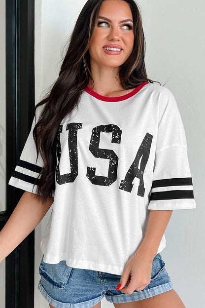 White USA Letter Printed Varsity Striped Sleeve Round Neck Tee