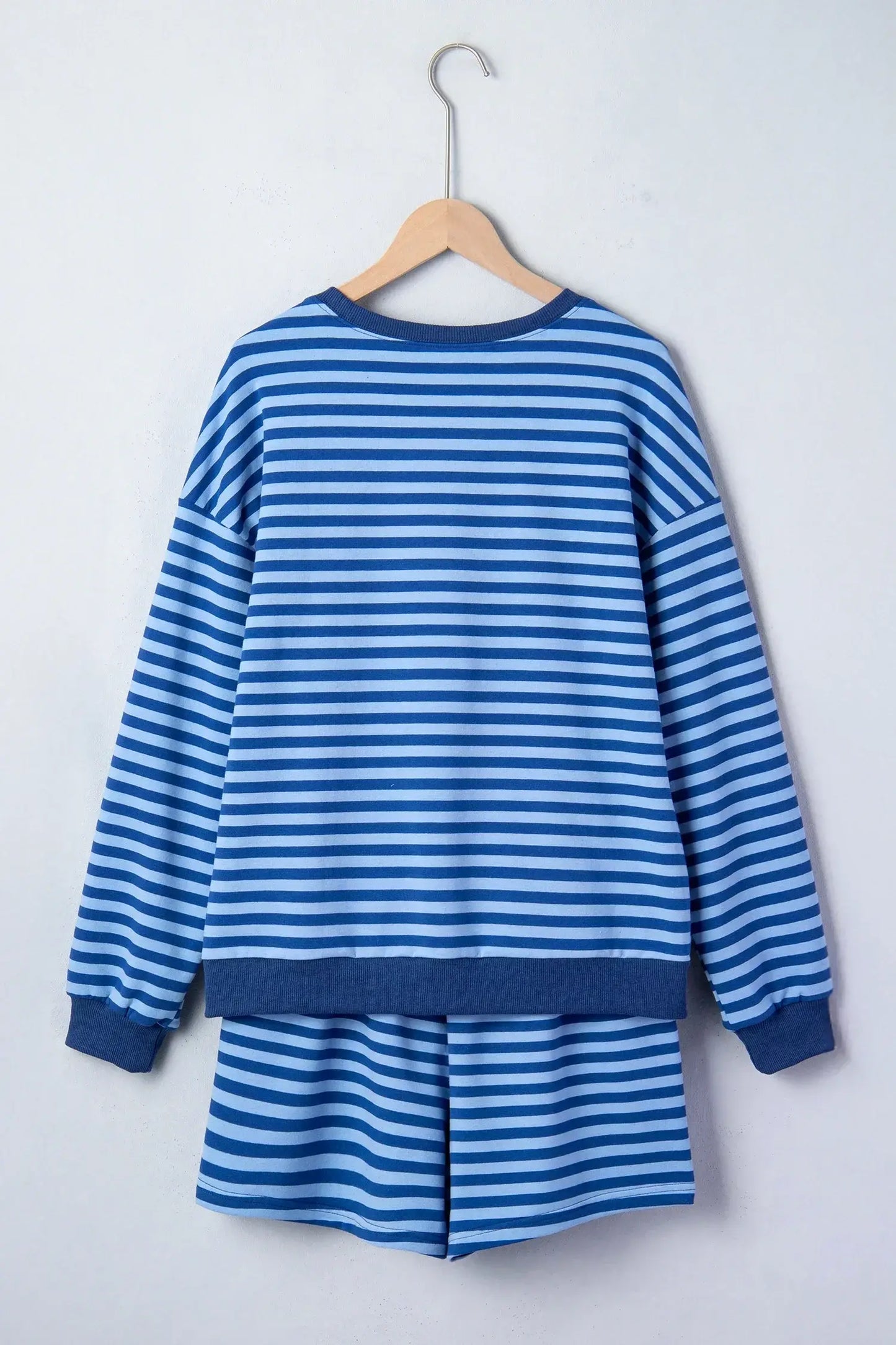 Blue Stripe Drop Shoulder Long Sleeve Pullover Elastic Waist Casual Short Set - Sweet Fashion Wholesale