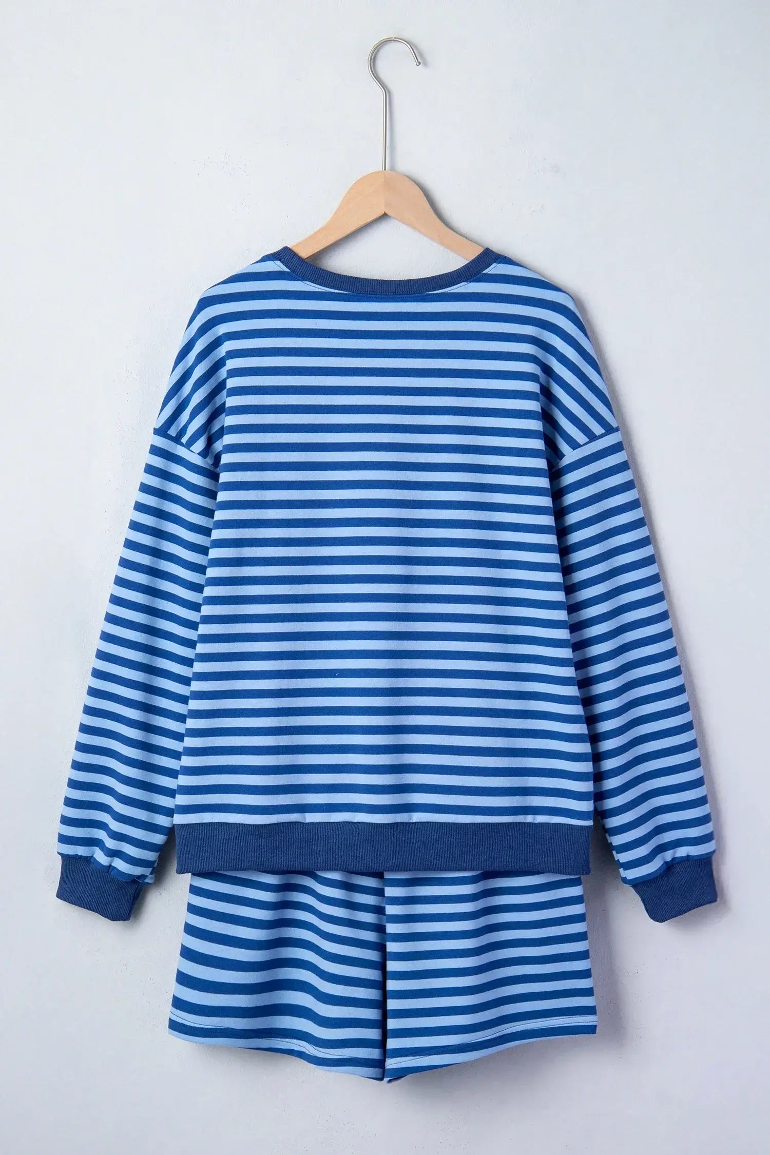 Blue Stripe Drop Shoulder Long Sleeve Pullover Elastic Waist Casual Short Set - Sweet Fashion Wholesale