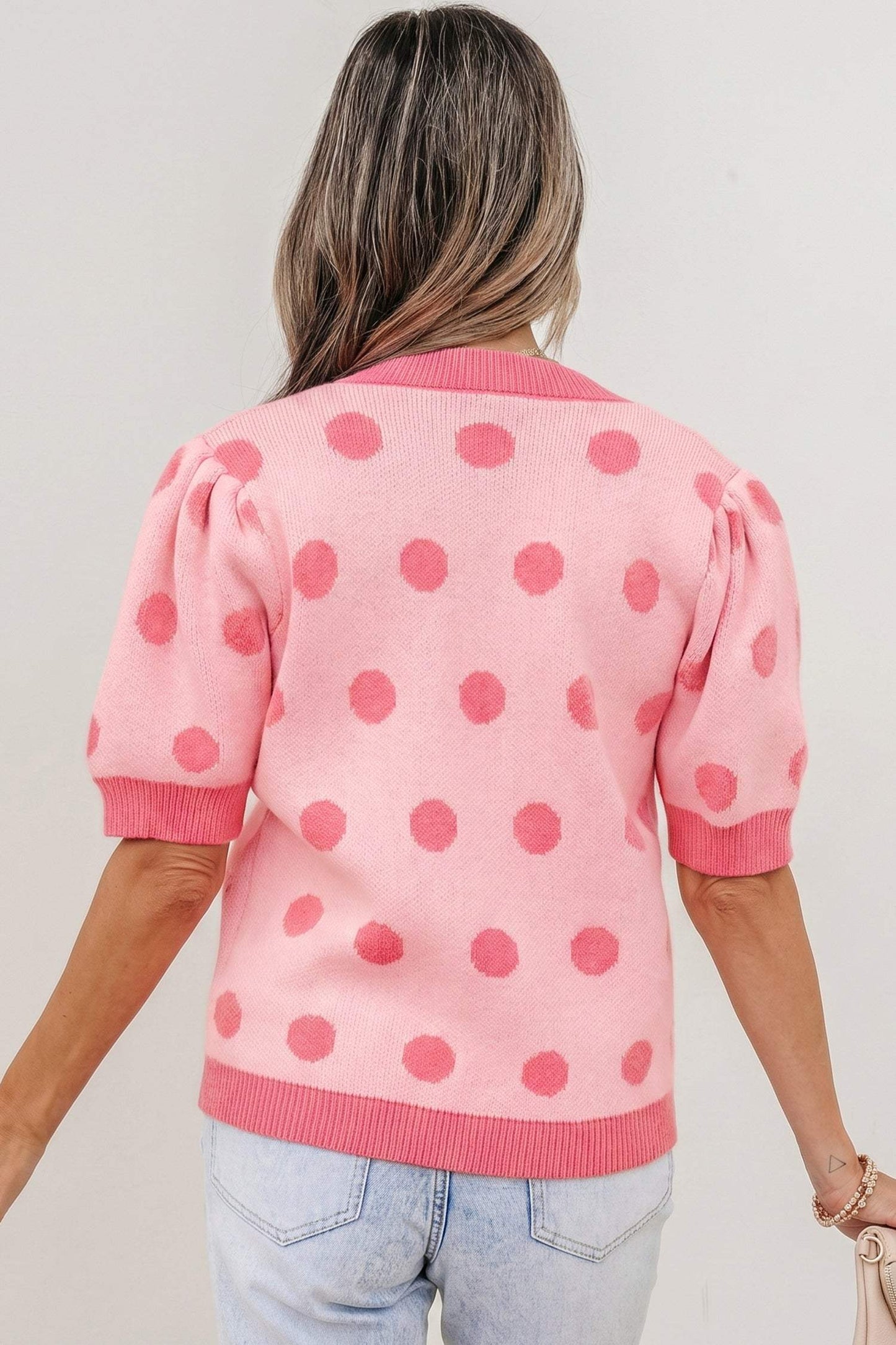 Pink Polka Dot Puff Short Sleeve Sweater Top